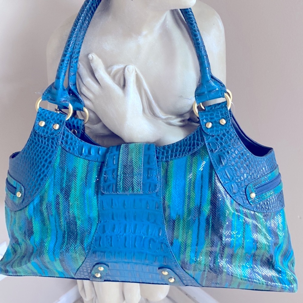 Sharif Green-Blue Croc Style Leather Tassel Satchel Handbag W/Matching Wristlet - Picture 5 of 9